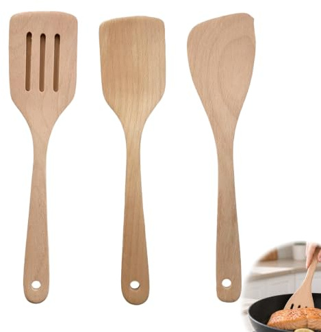 3 Pack Wooden Spatula for Cooking, Natural Solid Wood Turner and Slotted Spatula Set, Heat Resistant Long Handle Kitchen Utensils, Non Scratch Cooking Tools for Baking Nonstick Cookware