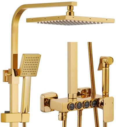 Billg Columna Ducha, Oro Cepillado 4 in 1 Columna Ducha de Pared con Grifo | Sistema de Ducha Latón, Conjunto de Ducha con Ducha de Techo 22 cm, Pulverizador para Bidé Salida Agua Inferior, Ducha Mano