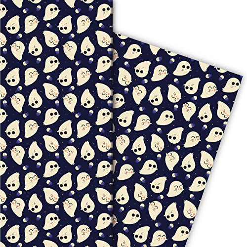 Kartenkaufrausch Lustiges Geister Geschenkpapier Set 4 Bogen, Dekorpapier mit Gespenst nicht nur zu Halloween für schöne Geschenk Verpackung, Musterpapier zum basteln 32 x 48cm