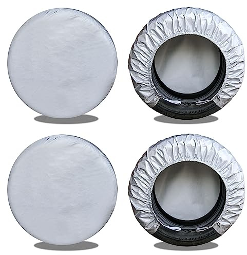 kayme Rv Tire Covers Set of 4, Travel Trailer Camper Truck SUV Motorhome Waterproof Wheel Cover, Sun Rain Snow Protector, Fit 27-29 Inch Tire Diameter/Silver