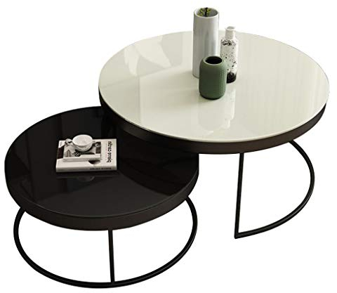WXiaJ-Kaffetisch Modernes Wohnzimmer-Couchtisch-Set, gehärtete Glasplatte, Tischgestell aus Metall, stabil, Nicht leicht zu schütteln, im Hotel-Hotelrestaurant, rund, schwarz und weiß