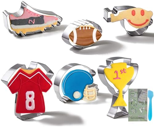 TINGSING Football Cookie Cutter 6 Pieces Set, Football, Jersey, Helmet, Whistle, Sneaker, Trophy Cup, Biscuits Fondant Molds, Stainless Steel Cookie Cutters for Birthday Party Baking Supplies