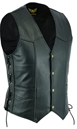 Leatherick Gilet da motociclista in pelle di vacchetta di prima qualità, classico con lacci laterali da uomo, nero (XL)