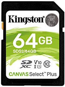 Kingston 64GB SDHC Canvas Select Plus 100MB/s Read Class 10 UHS-I U1 V10 Memory Card with Frustration Free Packaging (SDS2/64GBET)
