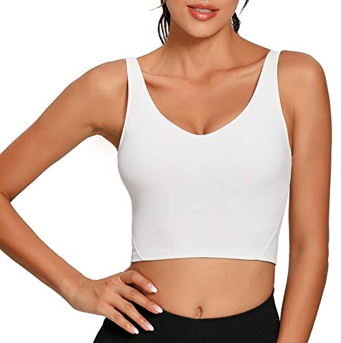 Lemedy Sport-BH für Damen, lang, bauchfrei, gepolstert, für Workout, Laufen, Yoga, weiß, M