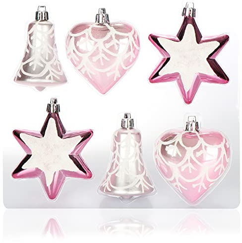 com-four® 6-teiliges Set Christbaumschmuck - Christbaumkugeln in verschiedenen Formen - Glocke, Herz und Stern zum Anhängen am Weihnachtsbaum (rosa/silberfarben)