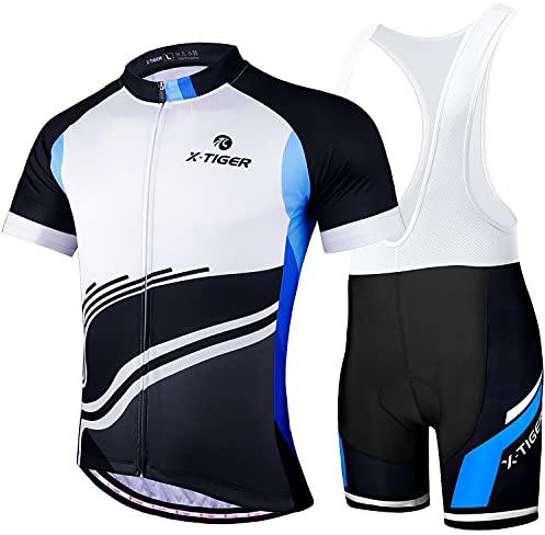 X-TIGER Maillot de Cyclisme Manches Courtes Homme avec Cuissard à Bretelle 5D Gel Rembourré,VTT Courtes Respirant Vêtements de Cyclisme Sports Shorts Pantalons avec Tee Shirt