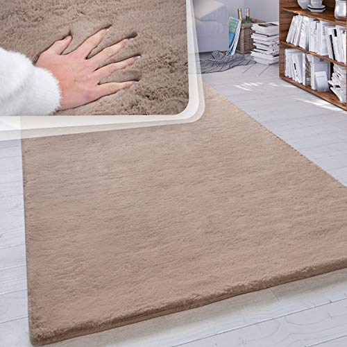 Paco Home Hochflor Teppich Wohnzimmer Schlafzimmer Shaggy Modern Flauschiger Fellteppich Weich Fell Imitat Kunstfell Einfarbig, Grösse:200 cm Quadrat, Farbe:Beige