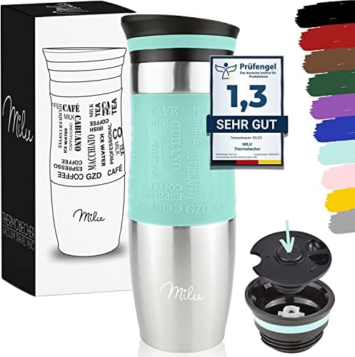 Milu Mug Isotherme Etanche 450ml I Thermo Café-Thé I Tasse isolée pour café et thé à emporter, Double Paroi Isolée sous Vide, Acier Inoxydable I Tasse de voyage Chaud & froid (450ml, Turquoise)