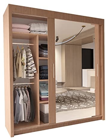 INTERWOOD 2&3 Mirror Sliding Door wardrobe for Bedroom Furniture with Shelves,Hanging Rails (Oak, 120cm)