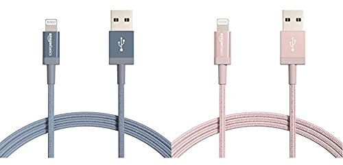 Amazon Basics Nylon Braided Lightning to USB A Cable - MFi Certified iPhone Charger, Dark Grey, 1.8 m & Nylon Braided Lightning to USB A Cable - MFi Certified iPhone Charger, Rose Gold, 1.8 m