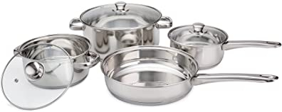 Vinod 7 Piece Cookware Set | 16cm Saucepan with Cover | 18 and 24cm Casserole with Cover | 24cm Frypan | Kitchenware For Indian Cooking | Food Grade Stainless Steel |Electric, Gas, Induction Friendly