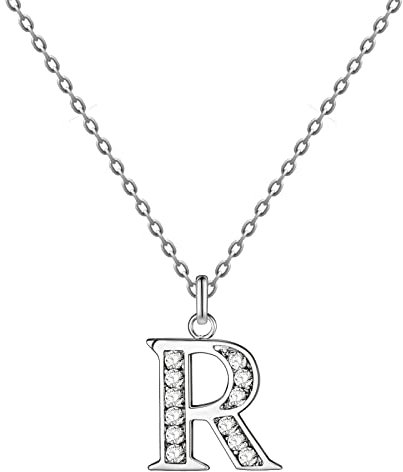 cotigo - Buchstaben-Halskette aus Edelstahl mit funkelndem Zirkonia-Stein-Buchstaben-Anhänger A-Z -Initialen-Anhänger-Geschenk für Damen, Muttertag, Jahrestag (R - Versilbert)