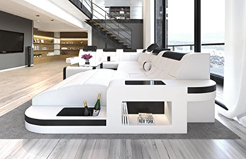 Wohnlandschaft Wave XXL Sofa U Form in Leder - mit LED Beleuchtung, verstellbare Kopfstützen, Recamiere/Lederfarben wählbar/Ausrichtung wählbar (Ottomane rechts, Weiß-Schwarz)