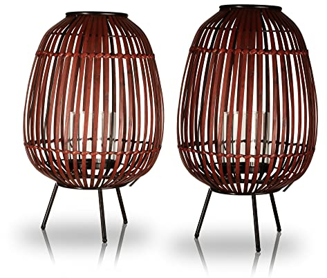 KHG Windlicht 2er Set in rot aus Bambus/Metall, mit Glaseinsatz, Kerzenständer, Kerzenhalter, Outdoor und Indoor, Deko, für Wohnzimmer, Balkon, Terrasse, Garten usw.
