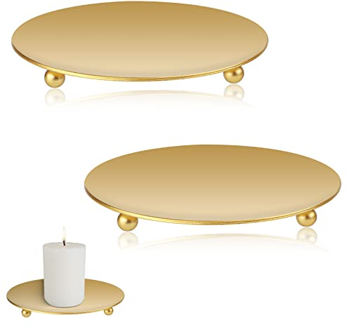Candle Holders, 2Pcs Candle Plates and Trays, Metal Candle Tray Plate, Candle Holders for Pillar Candles, Sturdy Candle Stick Holder, Gold Candle Holder for Living Room Christmas Diwali Party Pray Spa