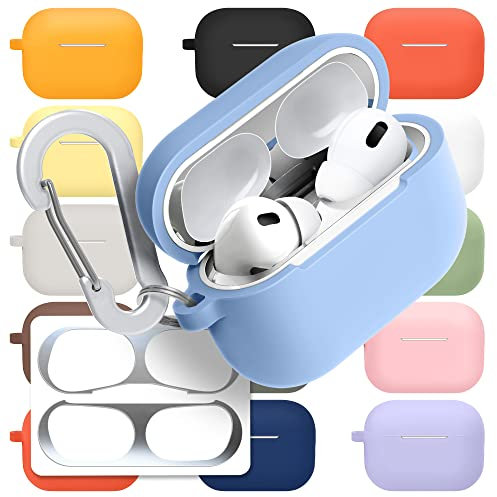 superdivision [3 in 1] AirPods Pro 2 Silicone Case + Anti-Lost Carabiner + Dust Guard Metal Film, Protective Cover with Keychain for Apple AirPods Pro 2 (2022) [Front LED Visible] (Sialia)