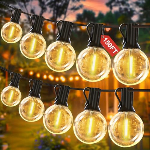 Yuucio Outdoor String Lights Mains Powered 150FT, LED Garden Lights with 75+2 Globe Bulbs,Shatterproof IP45 Waterproof for Porch Cafe Bistro Backyard Gazebo Balcony Deck Party 2700K Warm Light