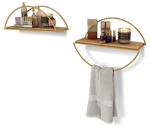 Beckenbau Wandregal - 2er-Satz - Regal Wand - Küchenregal Wand - Schweberegal - Wandregal Metall - Holzregal Wand - Handttuchhalter Wand - Wandregal Gold - Wandregal Klein - Wandregal Badezimmer
