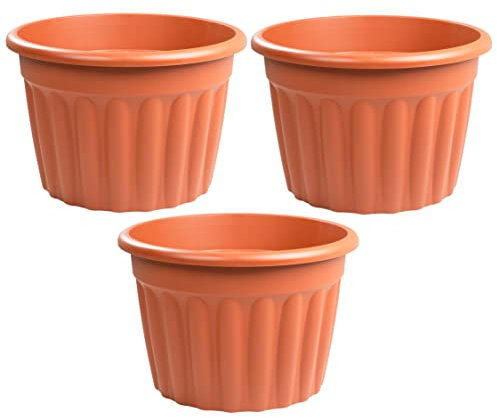 TENLITE [Set of 3] 60cm Terracotta Plastic Round Planters Indoor/Outdoor Plant Pot Lightweight & Weather Resistant Contemporary Style Garden Planters Plant Herb Flower Pot Nursery Pot.