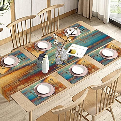 Emvency Blue and Orange Table Runner and Placemats Set of 6, Vintage Abstract Messy Rust Painting Art Dining Table Decor for Daily Use(1 Table Runner 72 inches Long and 6 Placemats)