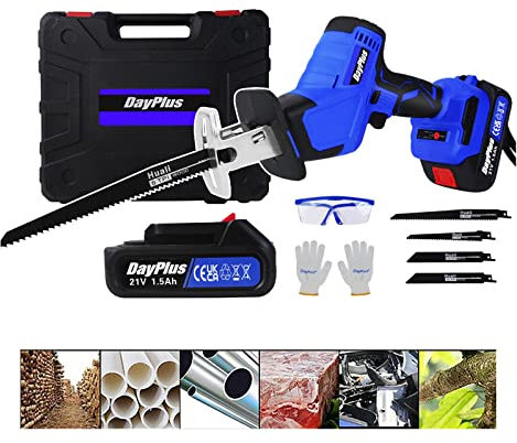 Akku-Säbelsäge 21V mit 2x1500mah Akkus,4 Sägeblätter für Holz Metall, Schneiden von Holz, Kunststoff zu schneiden