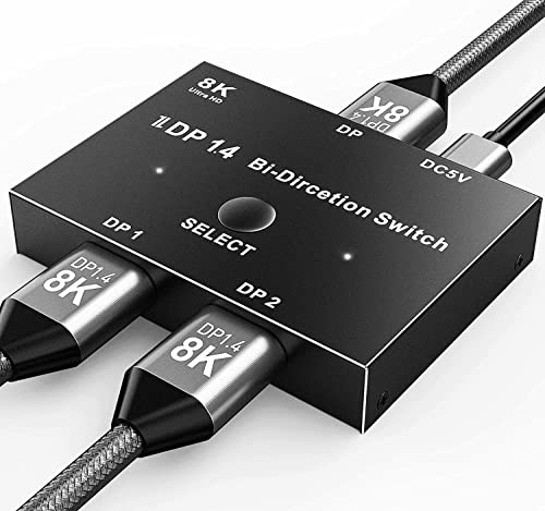 8K Displayport Switch DP 1.4 Splitter 8K@30Hz 4K@120Hz, Bidirektionaler Umschalter 2 in 1 Out/1 in 2 Out, Für mehrere Quellen und Anzeigen, wie Fernsehern, Laptops, Monitoren, Projektoren usw