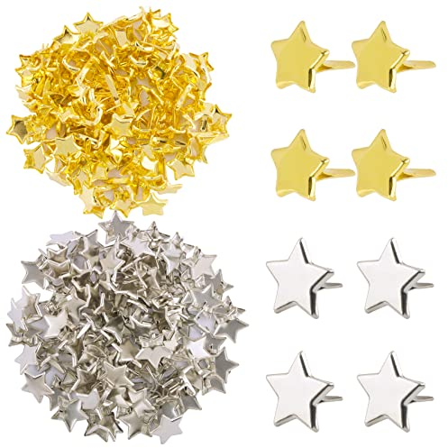 BETESSIN 200pcs Tachuela Estrella Dorada Plateada, Mini Brad Paper Fasteners, Sujetador de Papel, Pasador Papel Mini Encuadernador Cabeza, Clavo Scrapbooking Decoración DIY Álbumes Recorte, 8 a 14mm