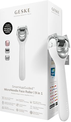 GESKE MicroNeedle Face Roller | 9 in 1| Rouleau de beauté visage | SmartAppGuided™ | avec quartz rose | Microneedling | Appareil de Microneedling professionnel | Rouleau à aiguilles