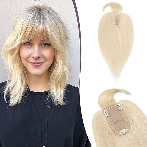 TESS Hair Topper Echthaar Blond, 7x13cm Basis Toupet Damen #60 weiß Blond mit Pony Haartopper Echthaar 38g 30 cm Haar Topper Clip in Haarteil Extensions