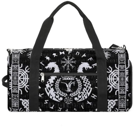 Viking Fenrir Wolf Sports Gym Bag for Men Women, Black Fitness Bag with Wet Pocket and Shoes Compartment, Thor's Hammer Lightweight Waterproof Duffel Bag (Color : A2)