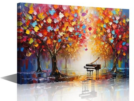 TISHIRON Piano Play Music in Park Canvas Art Banner Wallpaper Wall Art Autumn Forest with Colorful Leaves Prints for Bedroom Living Room Modern Decoration Home Decor 24 W x 16 H
