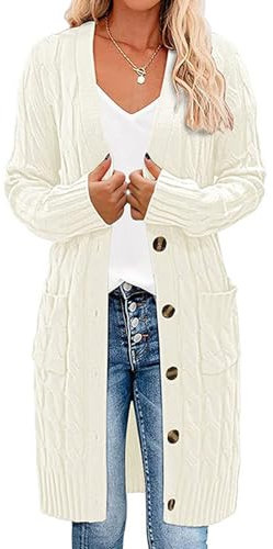Herbst Und Winter Langer Twist Strickpullover Frauen Einfarbig Lose KnöPfe Tasche Strickjacke Jacke