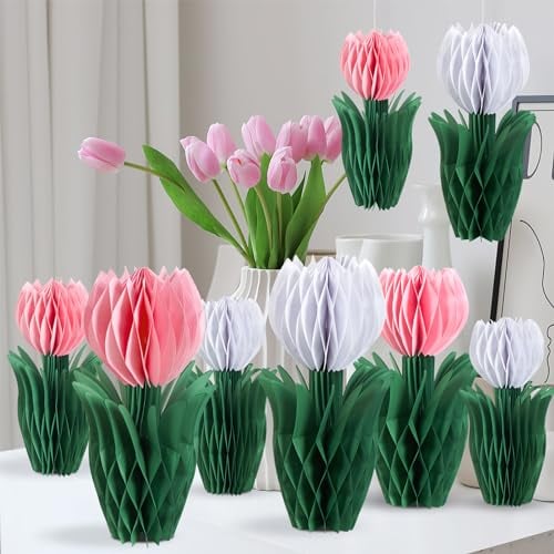 Homarkable 8 Stück Tulpen Wabenbälle Dekoration Rosa und weiß Papier Blumen Tischdekoration für Hochzeit Home Hotel Frühling Party Deko (Rosa und weiß)