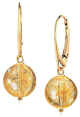 I.L.U.S Elegante Gelb Citrin Edelstein Ohrringe mit 18K Vergoldetem Sterling Silber Ohrhänger Citrin Ohrschmuck Geschenk für Damen-Naturstein Kugel-12mm-Kristall Schmuck Gold