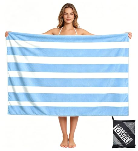 yayafunfun Mikrofaser Handtuch,Strandtuch XXL Microfaser Badetuch Groß 90x160CM,Schnelltrocknend Handtuch Streifen,Stranddecke Badetuch Strand,Beach Towel Strandtücher strandhandtuch mit (Hellblau)