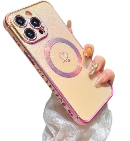 ZTOFERA Magnetic Case for iPhone 13 Pro Case 6.1,Cute Luxruy Iridescent Case with Love Hearts Pattern, Plating Edge Camera Lens Protection Shockproof Phone Case for Women Girls,Pink