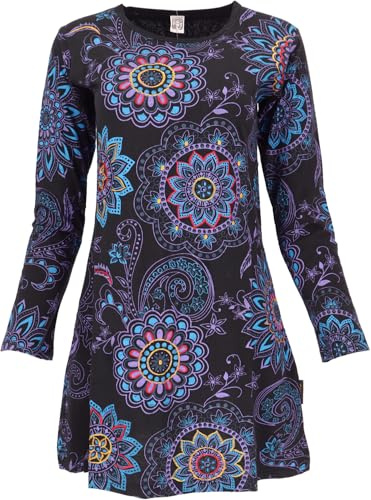 GURU SHOP Besticktes Boho Minikleid, Tunika mit Blüten | Baumwolle, lange Ärmel, U-Ausschnitt, bequeme Passform, ideal für jeden Anlass