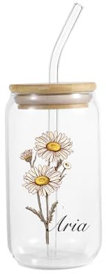 Grovjewfit Cadeaux Pour Femme Petite Amie Verres Avec Couvercle Verre Canette Avec Paille Personnalisé Avec Nom Fleurs De Naissance Tasse Cadeau d'anniversaire Petite Amie Collègue (style 3)