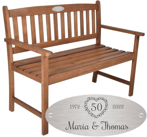 Sterngraf Bank zur goldenen Hochzeit mit Gravur zB. Herz mit Zahl (Namen) Gartenbank Basic 110cm Akazie geölt, Edelstahlschild personalisiert, Bank Geschenk zur Goldhochzeit