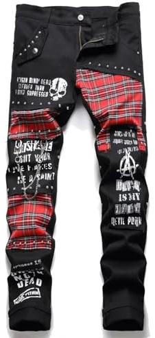 FULUJIDI Jeans Pantalon Herren Tartan Patchwork Jeans Punk Niet Patch Denim Hosen Buchstaben Bedruckt Schlanke Gerade Hose 34 Schwarz
