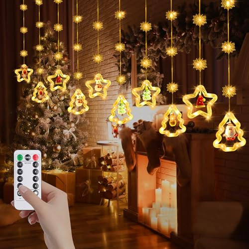 RANJIMA Lichtervorhang Weihnachten Fenster, Led Lichterkette für Weihnachtsdeko, Weihnachtsbeleuchtung Fenster Innen,Sterne Weihnachtsbaum Lichterkettenvorhang für Schlafzimmer Weihnachten Fensterdeko