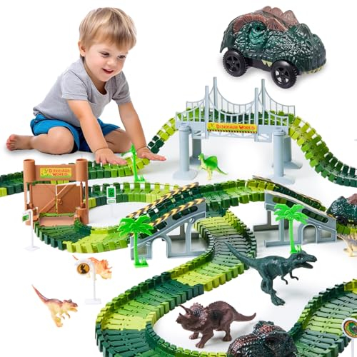 Gleamkid Lot de 288 Jouets de Piste de Course de Dinosaures, Ensemble de Jouets de Piste de Dinosaure Flexible, Cadeaux d'anniversaire pour Enfants et Tout-Petits garçons