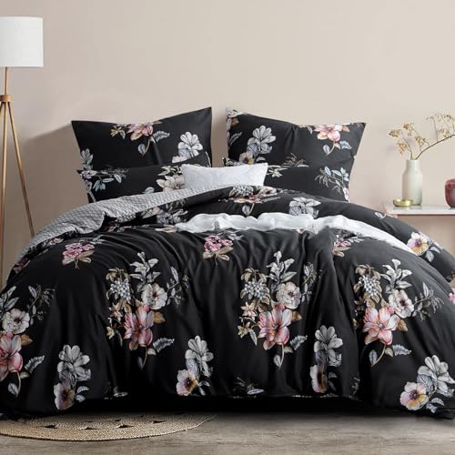 RUIKASI Double Duvet Cover Sets - Flower Double Bedding Set Soft Microfiber Quilt Cover with 2 Pillowcases, Black 200x200 cm