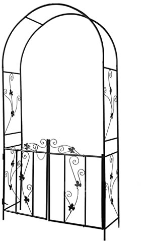 Metal Garden Arch With Gate Outdoor Climbing Plants Archway, Rose Arbor trellis Heavy Duty Strong for Pergola Lawn Wedding Decoration Arbour Black 214 x 110cm