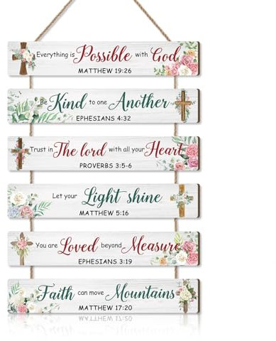 HPNIUB Christian Wall Art, Inspirational Bible Verse Wooden Hanging Plaque, Scripture Wood Sign for office, Meditation Motivational Floral Hanging Wooden Sign for Home Living Room Wall Decor