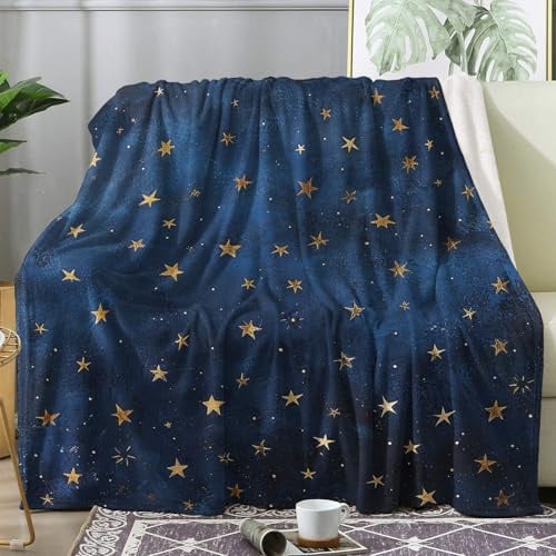 ZDABAOEC Kuscheldecke Flauschig Blau Gold Sterne Decke, Fleecedecke 150x200, Sofadecke & Couchdecke, Weiche Kuschelige Wohndecke Blanket, XL Decken für Sofa Couch