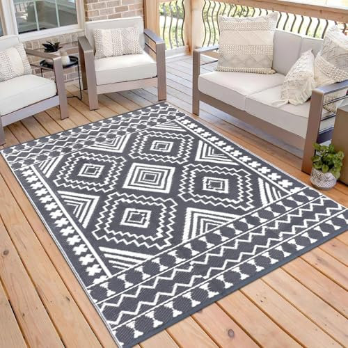 TUKDAK Grau Outdoor Teppich Wetterfest 120x180cm, Wendbarer Outdoorteppich Matte Kunststoff Teppich, Wasserdichter Außenteppich, UV-beständige Camping Matte für Balkon Terrasse Garten RV Picknick