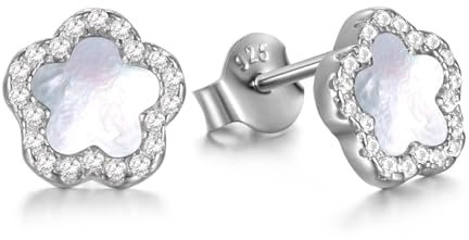 Evensee Blumen Ohrringe Silber 925 Perlmutt Pflaumenblüten Ohrstecker für Damen,Hypoallergene Weißgold Modeschmuck mit Fünfblättrige Blume,Geschenke für Frauen und Mädchen