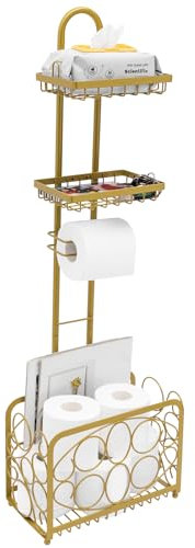 Oasis Creations Toilet Paper Holder Tissue Rack Stand with Magazine Toilet Roll Storage Basket- Freestanding, Gold Metal